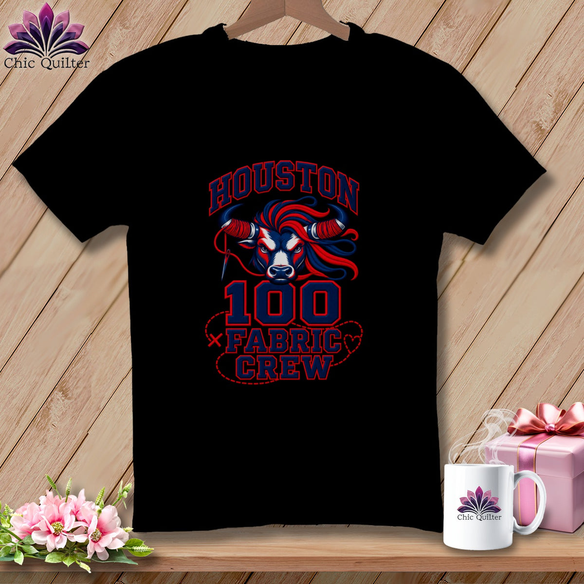 A black t-shirt features a red and blue graphic of a bull, the text Houston 100 Fabric Crew, and a needle and thread.