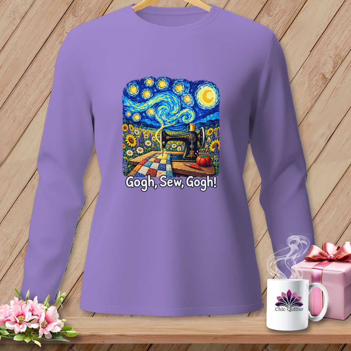 Lavender sweatshirt with a "Starry Night" inspired sewing graphic and text "Gogh, Sew, Gogh!".