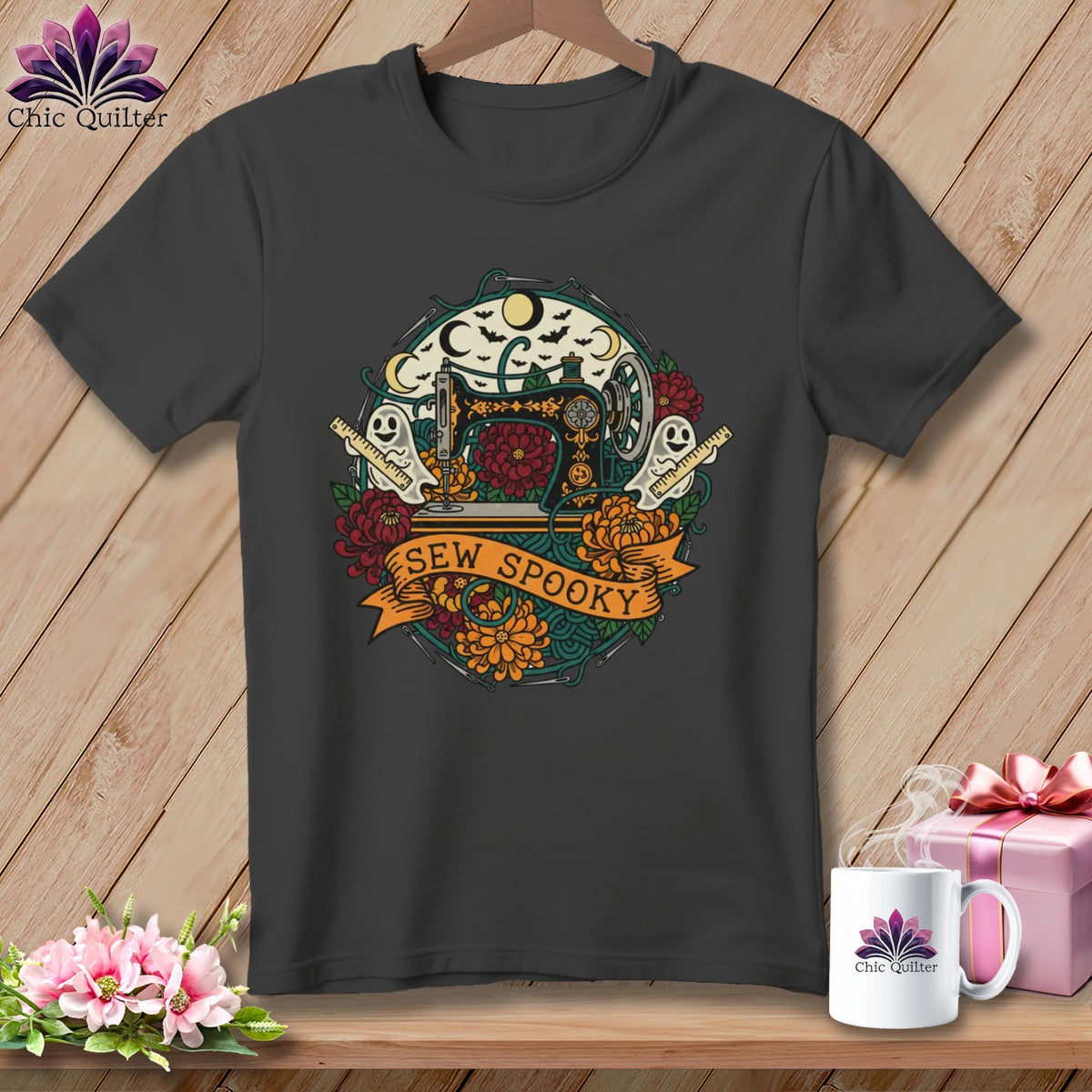 T-shirt with "Sew Spooky" text, a sewing machine, ghosts, and Halloween motifs.