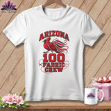 A white crewneck t-shirt featuring a red cardinal graphic and text reading Arizona 100 Fabric Crew.