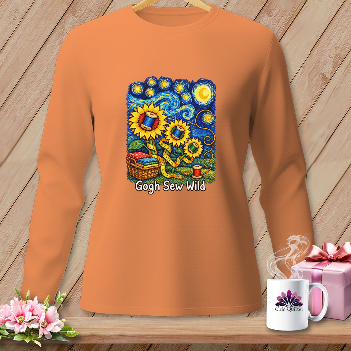 Long sleeve shirt with Van Gogh-style sunflowers and sewing supplies design.