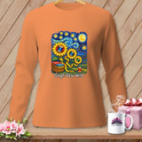 Long sleeve shirt with Van Gogh-style sunflowers and sewing supplies design.