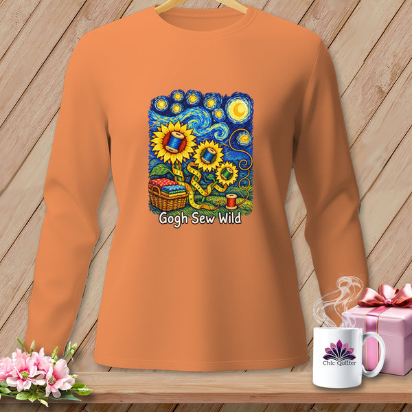 Long sleeve shirt with Van Gogh-style sunflowers and sewing supplies design.