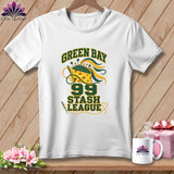 White t-shirt featuring a Green Bay Stash League graphic with cheese wedge, pins, and sewing needle.