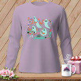 Ghosts sewing and crafting on a purple long-sleeved shirt.