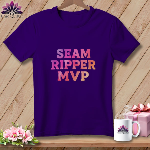 Purple t-shirt with "SEAM RIPPER MVP" text in gradient colors.