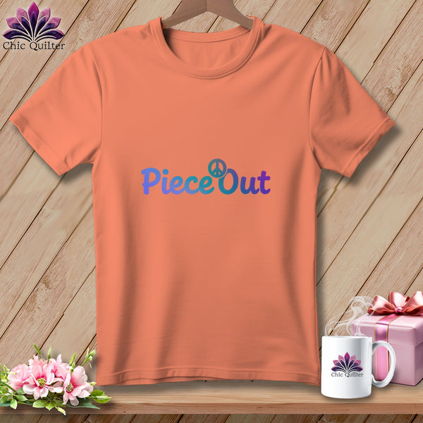 Coral t-shirt with "Piece Out" text and peace symbol graphic.