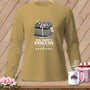 Brown long sleeve shirt with sewing graphic and text "We Don't Discuss Receipts."