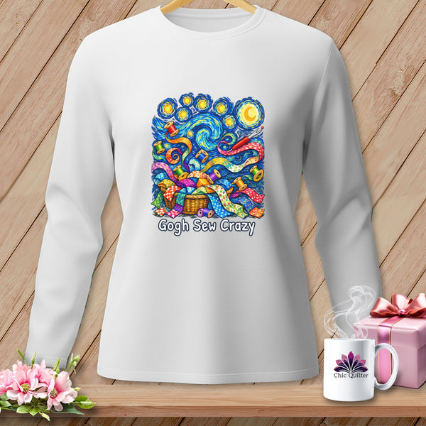 White long-sleeve shirt with a "Gogh Sew Crazy" print featuring a Starry Night-inspired sewing basket.