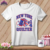 A white t-shirt features New York Quilter text and a blue thread spool graphic.