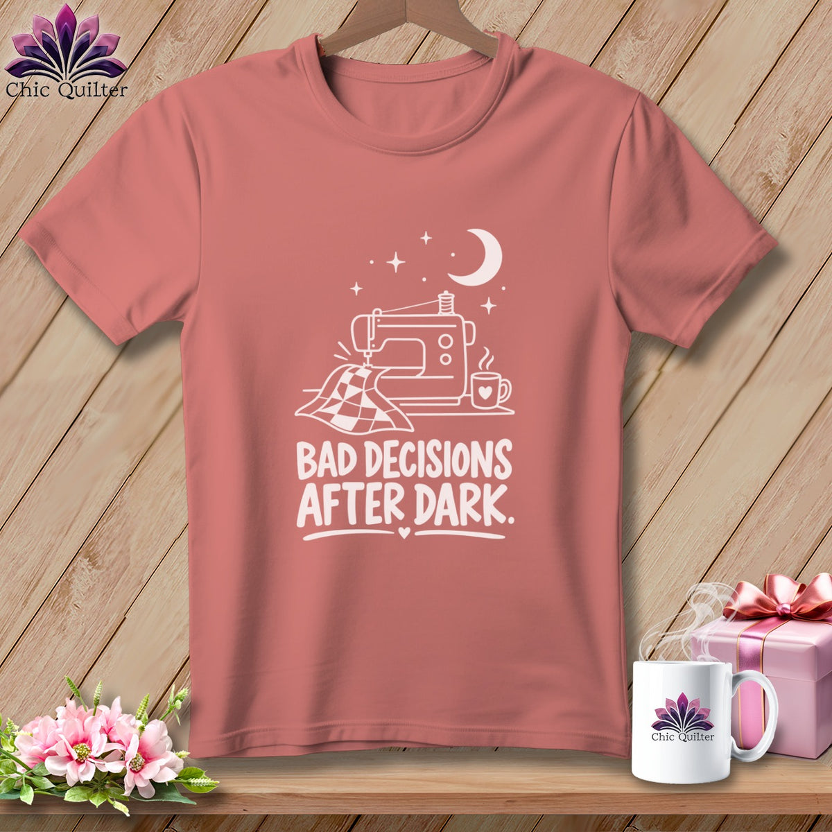 Pink t-shirt with sewing machine graphic and "Bad Decisions After Dark" text.