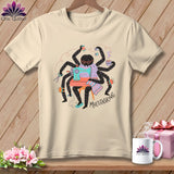 Spider sewing on a machine with coffee, text 