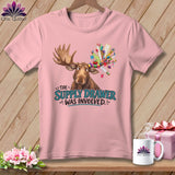 Moose with sewing supplies on antlers, text 
