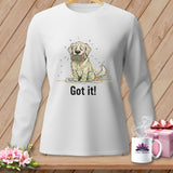 White long-sleeved shirt with cartoon dog entangled in yarn, saying 