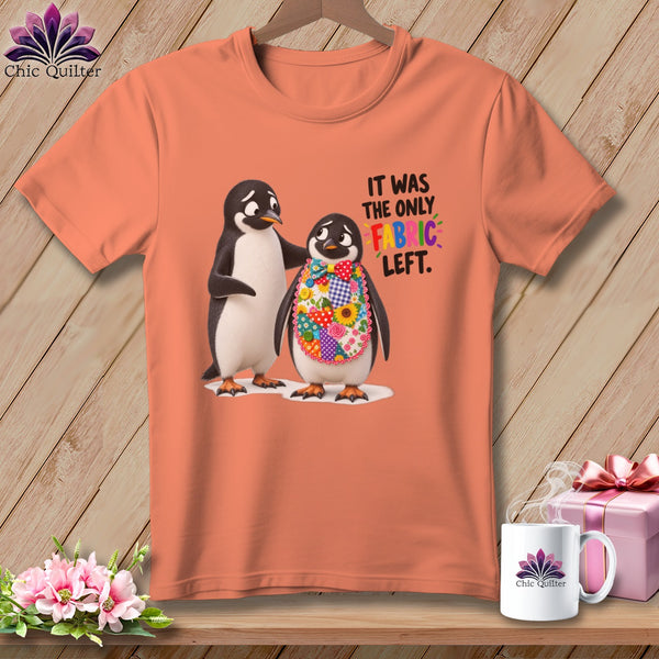 Orange t-shirt with two penguins and text "IT WAS THE ONLY FABRIC LEFT."