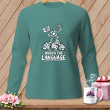 Teal long-sleeve shirt with cartoon quilt block and 