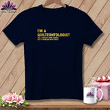 Navy t-shirt with gold text reading 