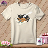 Cream t-shirt graphic: black cat on pumpkin with sewing notions and text 