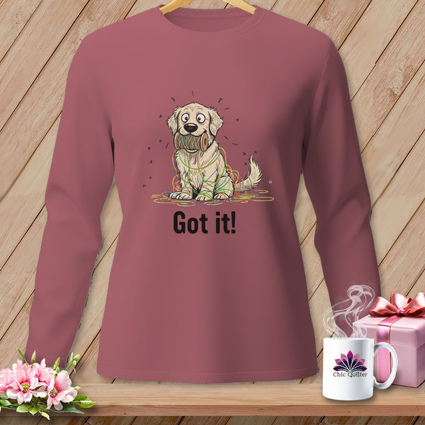Long-sleeve shirt with a distressed dog tangled in colorful yarn graphic and "Got it!" text.