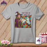 Gray t-shirt with Halloween witch and ghost design and text 