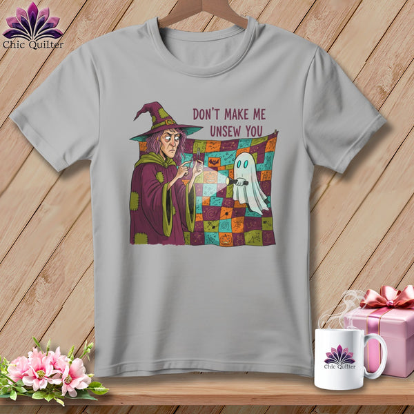 Gray t-shirt with Halloween witch and ghost design and text "Don't make me unsew you."