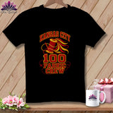 Black t-shirt featuring a red and yellow graphic with a spool of thread and Kansas City 100 Fabric Crew text.