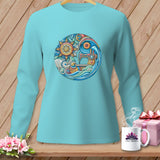 Aqua long-sleeve shirt with circular sewing machine and sun mandala design.