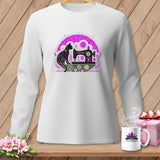 White long-sleeve shirt with a black cat and sewing machine graphic.