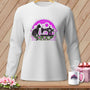 White long-sleeve shirt with a black cat and sewing machine graphic.