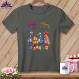 Charcoal t-shirt featuring four colorful whimsical birds on a perch with text reading Birds of a Fabric Flock Together.