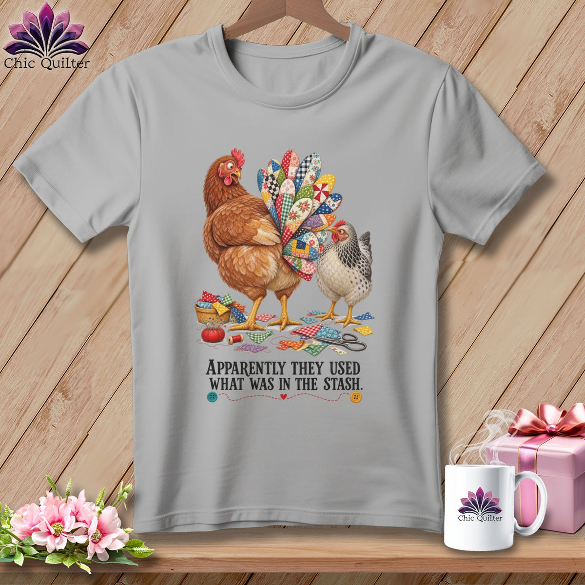 Two chickens and quilted fabric scraps with text "APPARENTLY THEY USED WHAT WAS IN THE STASH."