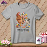 Two chickens and quilted fabric scraps with text 