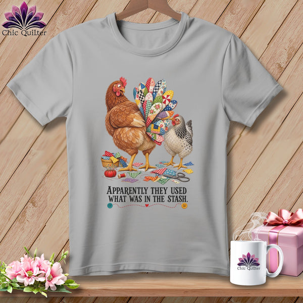 Two chickens and quilted fabric scraps with text "APPARENTLY THEY USED WHAT WAS IN THE STASH."