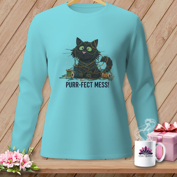 Light blue long sleeve shirt with cartoon black cat tangled in colorful yarn, reading "PURR-FECT MESS!".