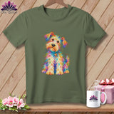 Olive green t-shirt featuring a colorful, textured illustration of a fluffy dog on the front.