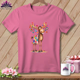 Pink t-shirt featuring a cartoon moose wearing a patchwork blanket, decorated with hearts and quilting supplies.