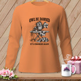 T-shirt with a graphic of a frustrated owl ironing a crooked quilt, reading 