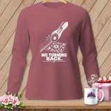 Rose long sleeve shirt with white graphic of rotary cutter and floral fabric, 