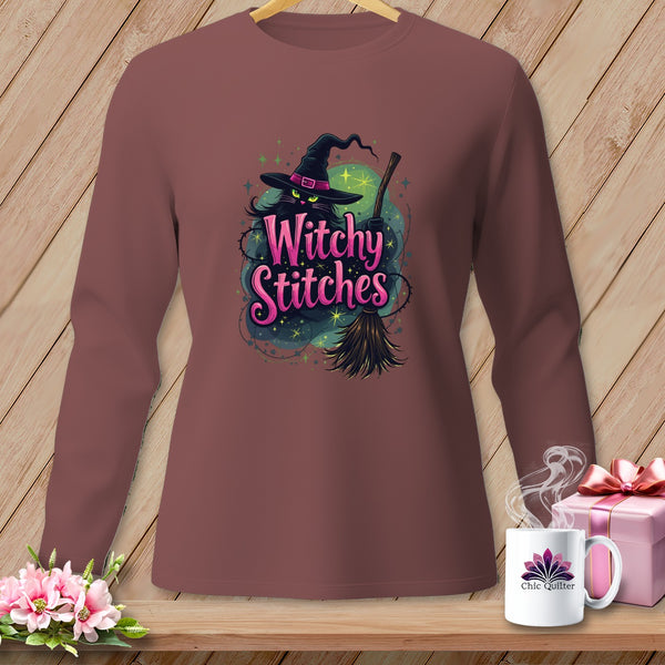 Brown long-sleeved shirt with a black cat wearing a witch hat and holding a broom.