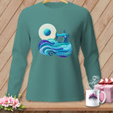 Long-sleeved teal t-shirt with a sewing machine and yarn graphic.