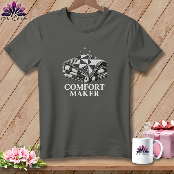 Dark gray t-shirt with a folded quilt graphic and "COMFORT MAKER" text.