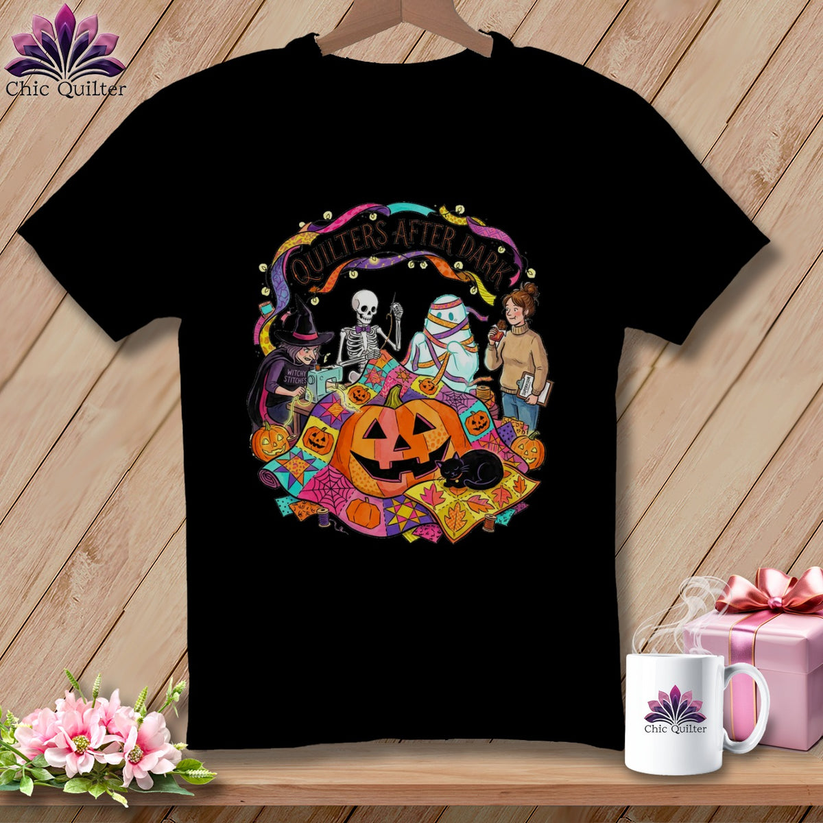 Black t-shirt with Halloween quilting graphic, text "Quilters After Dark".