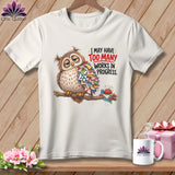 T-shirt with a sleepy owl, patchwork fabric, and text 