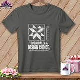 Dark gray t-shirt with white quilting block, ruler, and 