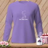 Lavender long-sleeve shirt with sewing machine, moon, stars, and 