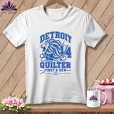 A white t-shirt featuring blue text that reads 