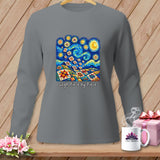 Gray long-sleeve shirt with a Van Gogh-inspired quilt design and 