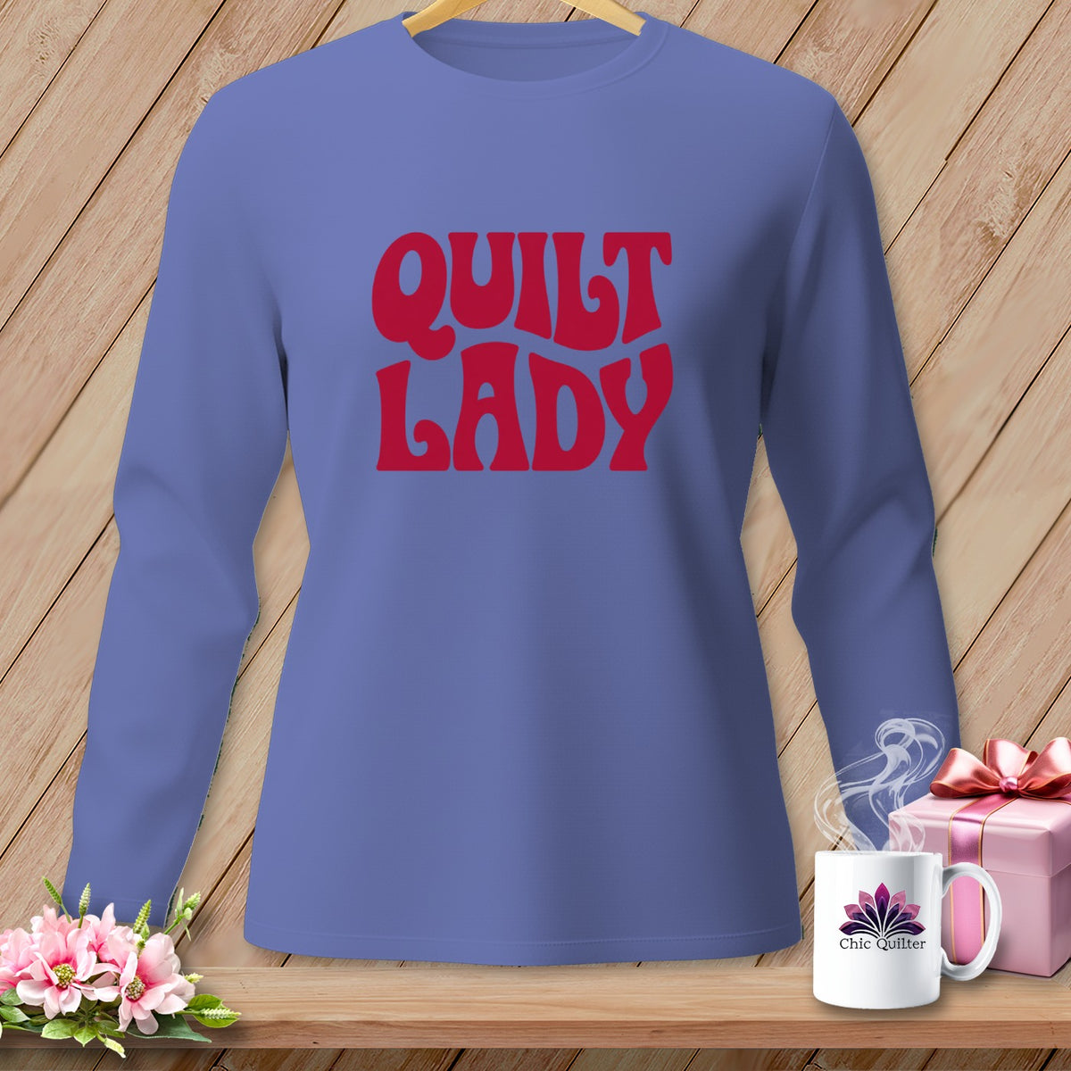 Purple long-sleeve shirt with red "Quilt Lady" text.