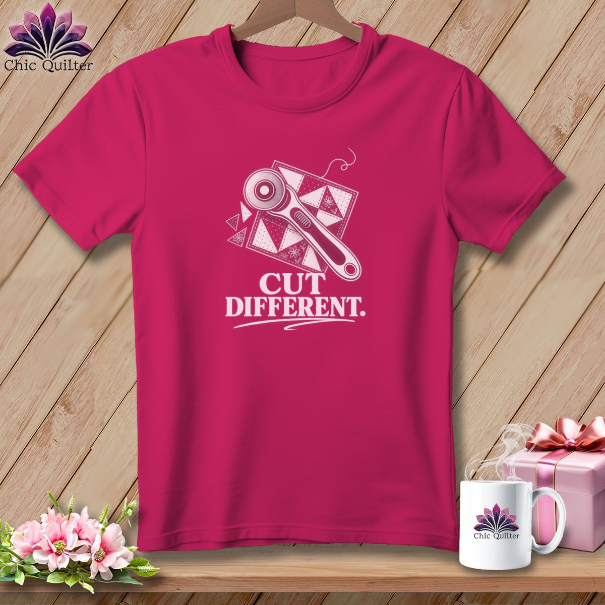 Fuchsia t-shirt with rotary cutter and "Cut Different" text.