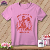 Pink t-shirt with red graphic reading 